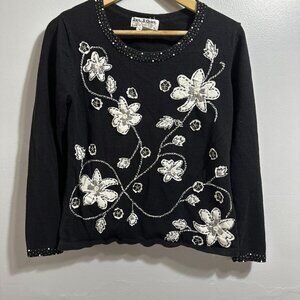 Jack B Quick Women Black Cotton Blend Cream Faux Leather Flowers Beaded Top SZ M